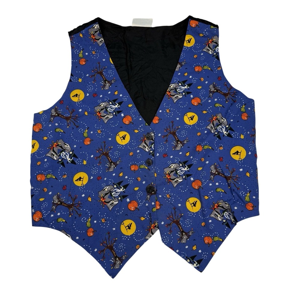 VTG Basic Editions Blue Halloween Print Button Vest Sz XL Black Cat Ghost Witch